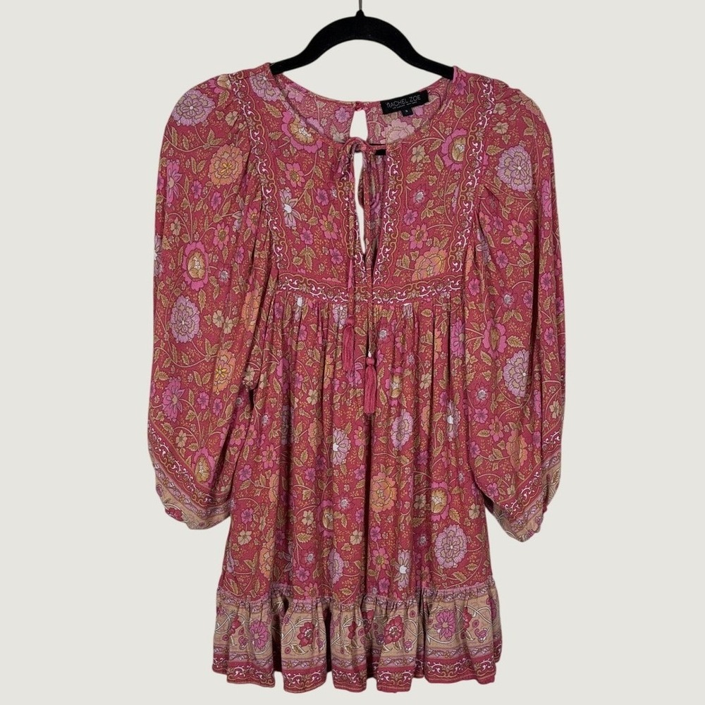 Rachel Zoe Pink Floral Boho Top Tunic Small Tassel Tie Ruffle Long Sleeve‎
